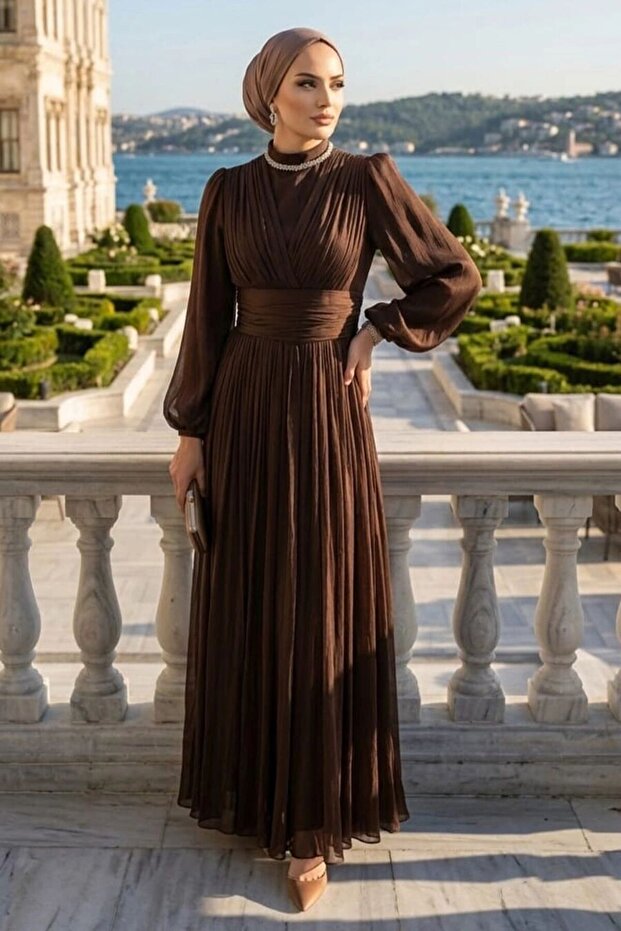 Stone Collar Draped Brown Hijab Evening Dress 4952Kh