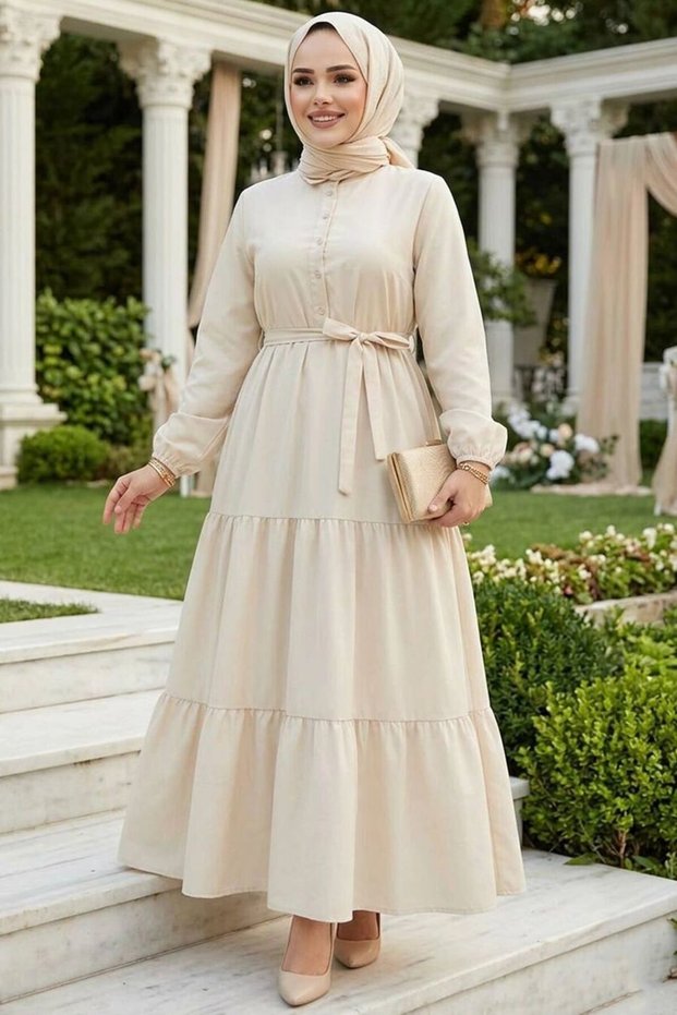Buttoned Beige Hijab Dress 30391Bej