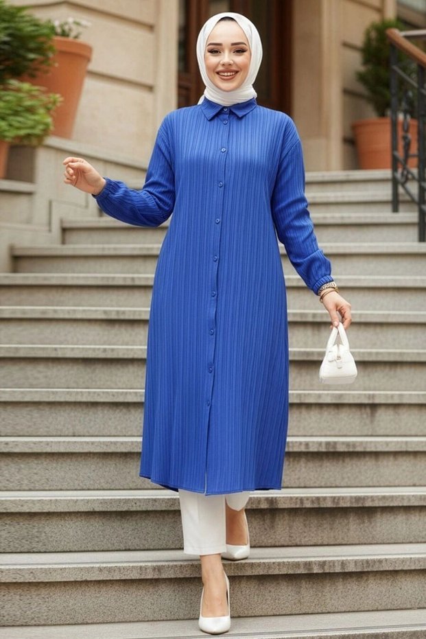 Buttoned Sax Blue Hijab Tunic 70381Sx