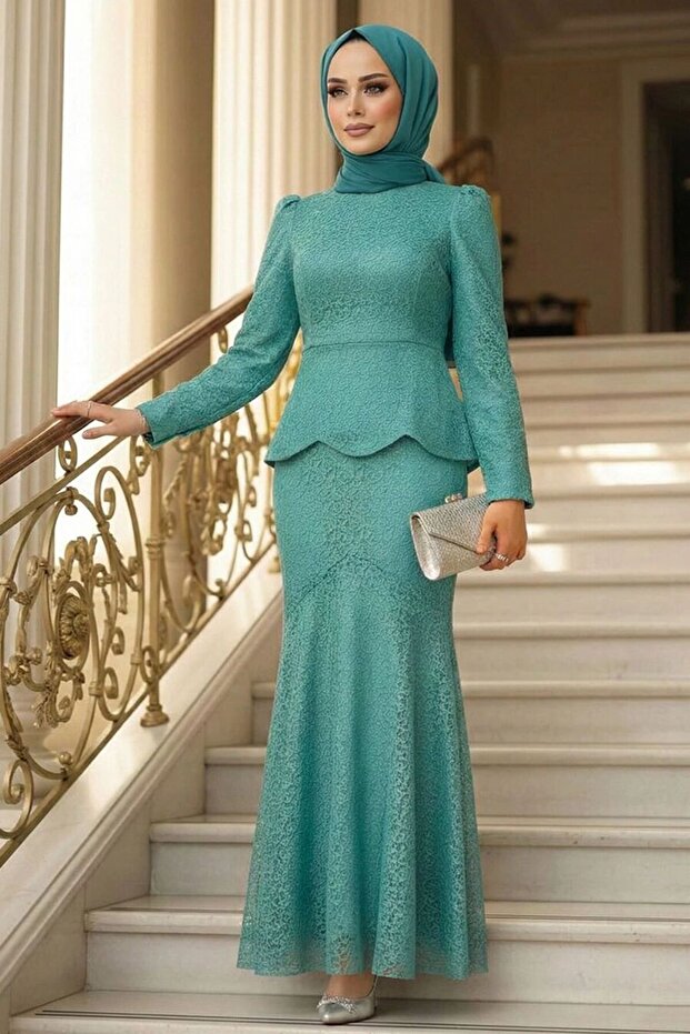 Lace Mint Hijab Evening Dress 55521Mint