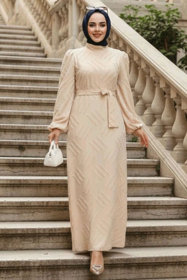 Patterned Beige Hijab Dress 5298Bej