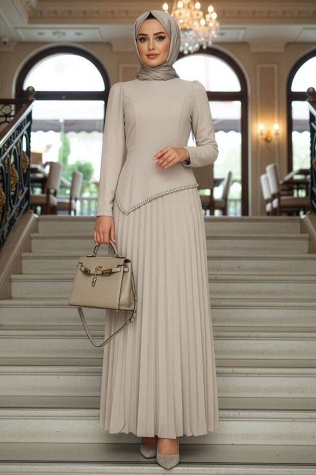 Pleated Navy Blue Hijab Evening Dress 4770L