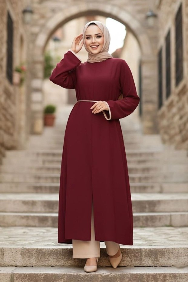 Slit Detailed Dark Burgundy Hijab Double Set 76112Kbr