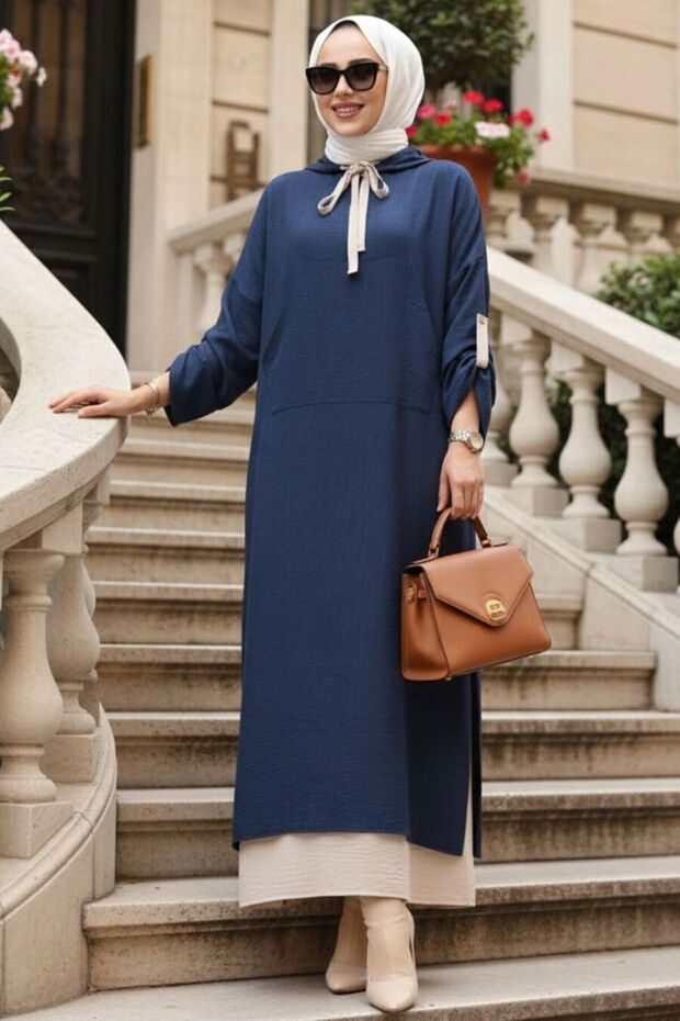 Hooded Navy Blue Hijab Dress 76612L
