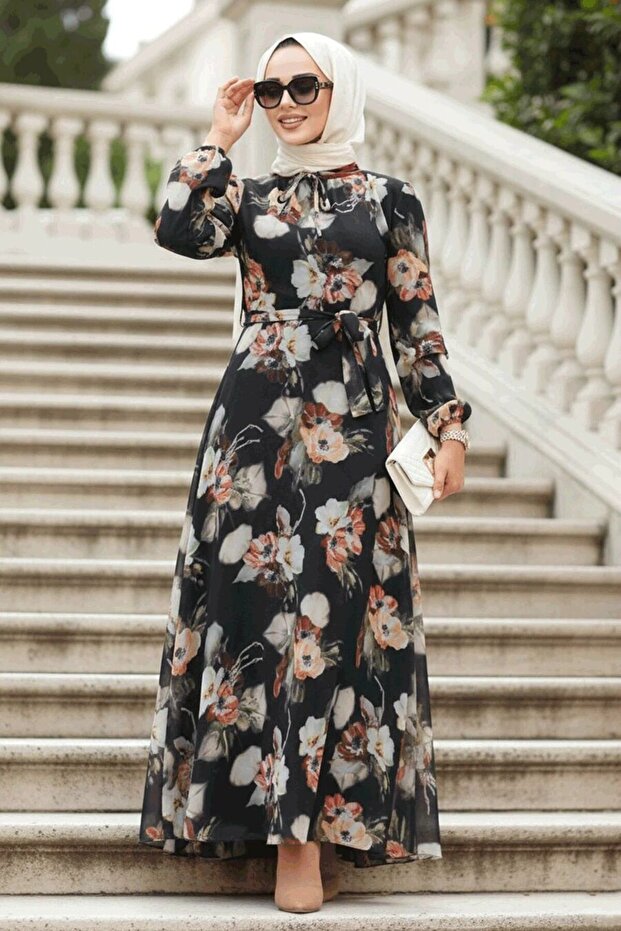 Floral Patterned Black Hijab Dress 27926S