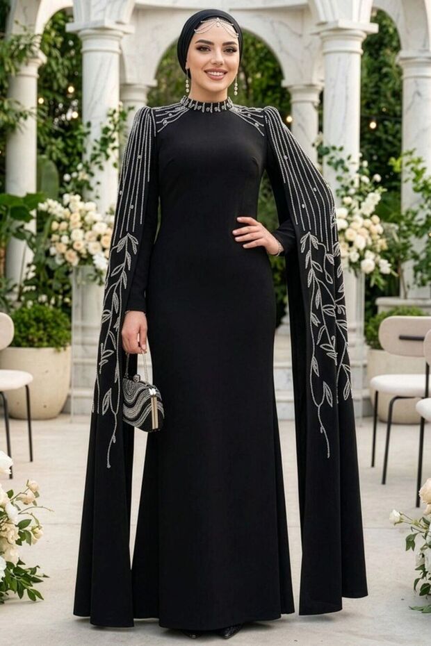 Black Hijab Evening Dress with Sleeves Cape 51681S