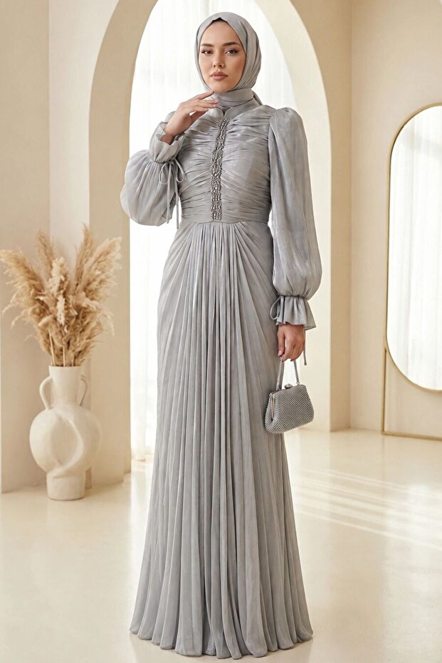 Stone Striped Draped Mint Hijab Evening Dress 5739Mint