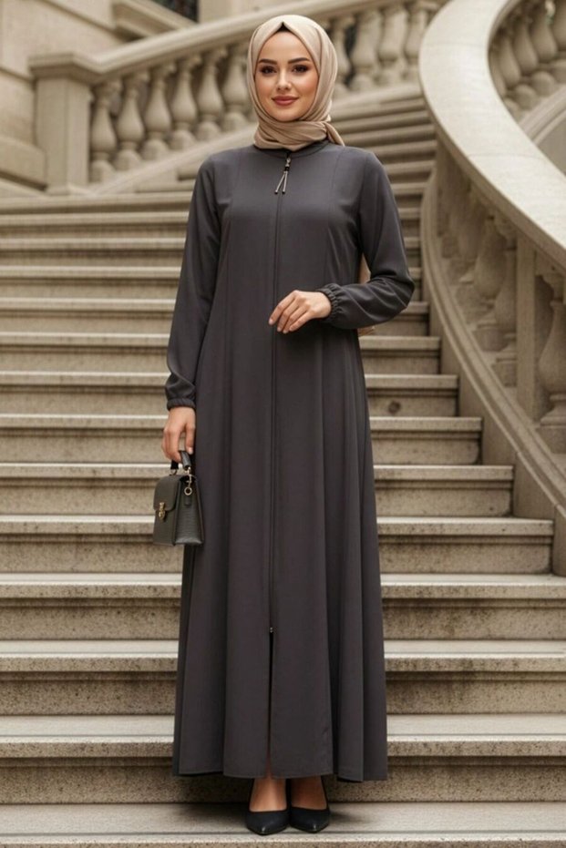 Smoked Hijab Abaya with Zipper 45319Fu