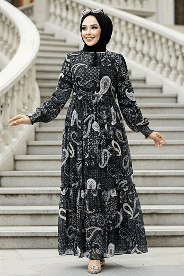 Patterned Black Hijab Dress 33561S