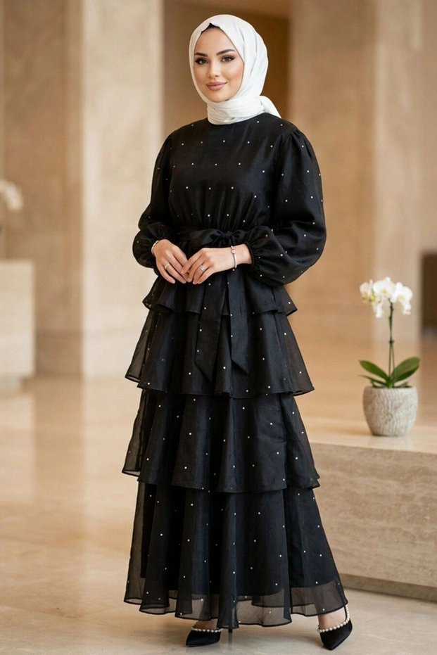 Stone Detailed Layered Ruffled Black Hijab Dress 5336S