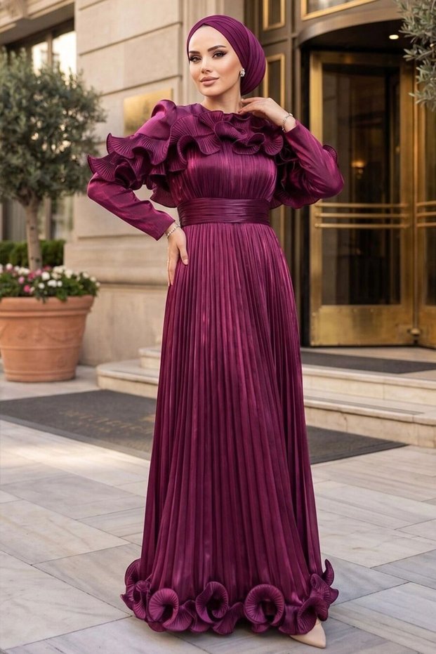 Ruffle Detailed Fuchsia Hijab Evening Dress 56612F