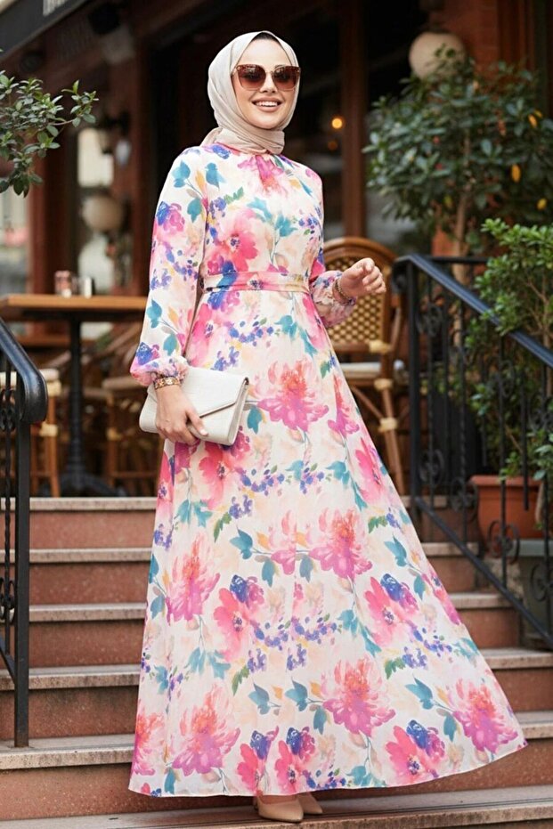 Floral Patterned Fuchsia Hijab Dress 27993F