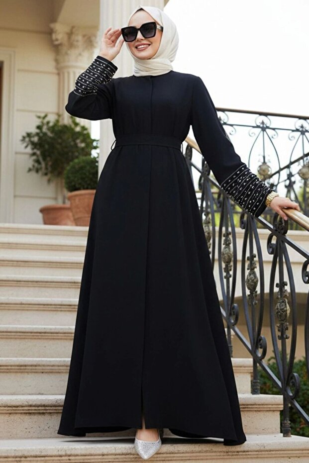 Black Hijab Abaya Dress with Stone Embellished Sleeves 60041S