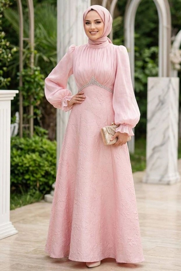 Beaded Detailed Pink Hijab Evening Dress 80178P
