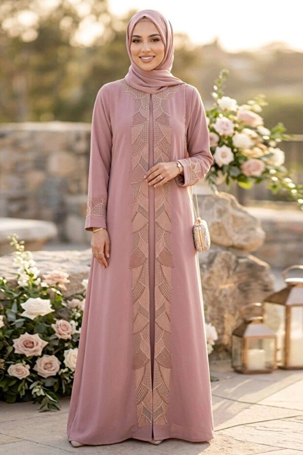 Geometric Embroidery Detailed Belted Dusty Rose Hijab Ferace 29142Gk