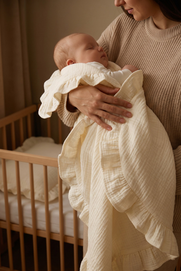 Baby Blanket and Baby Pillowcase & 100% Cotton Muslin / Cream Color / 4 Layers of Ruffles (100X100)