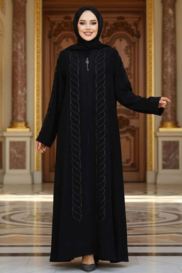 Black Hijab Ferace with Bead Embroidery 29122S
