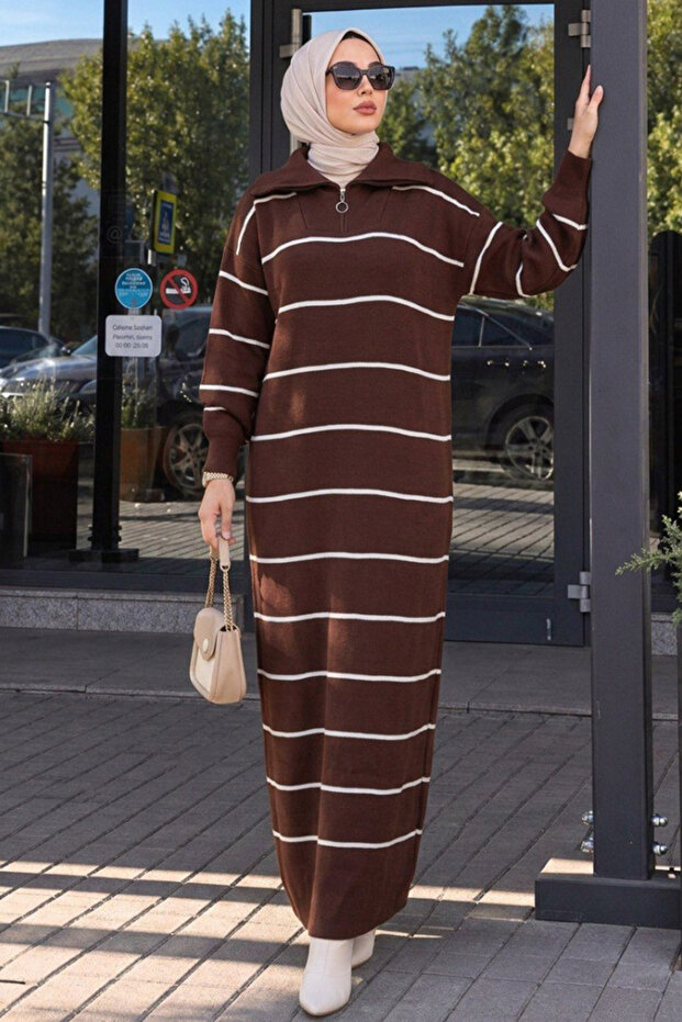 Striped Brown Hijab Knitwear Dress 65905Kh