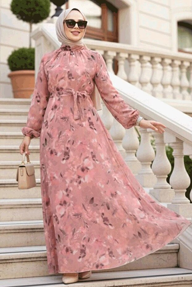 Floral Patterned Dark Salmon Hijab Dress 27987Ksmn