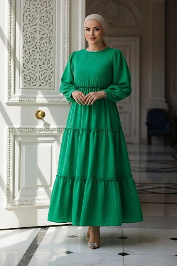 Layered Pleated Green Hijab Dress 3033Y