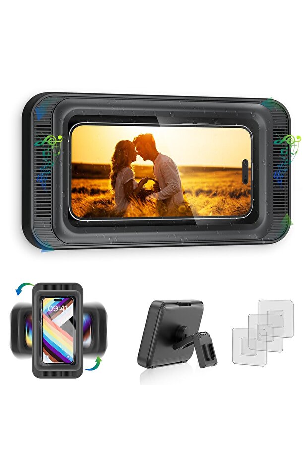 black Shower Phone Holder with Speaker 480 Rotation, Wall Phone Mount for Shower Waterproof Anti Fo