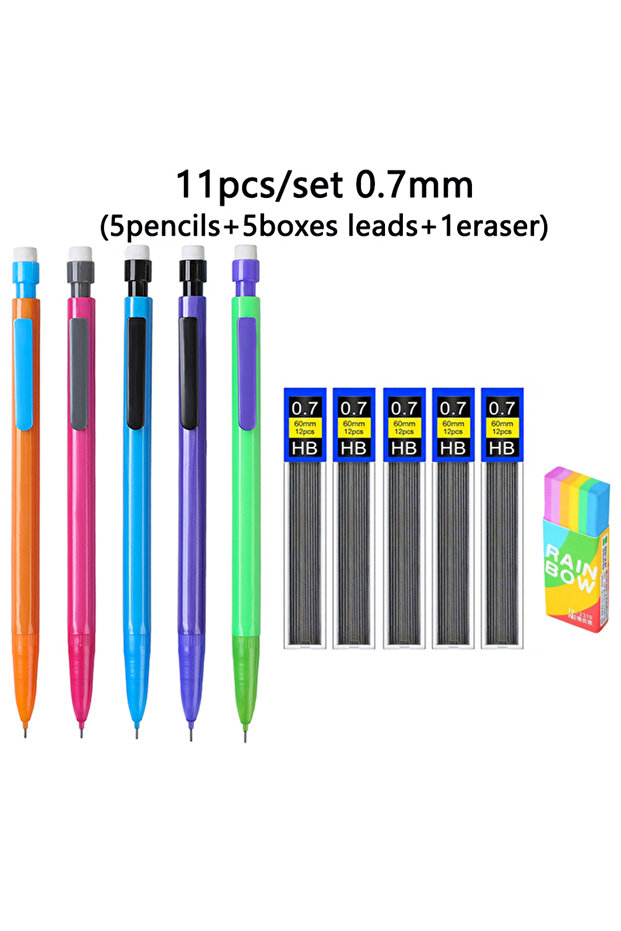 0.7mm set New Creative 5Color Mechanical Pencil Set With Top Eraser, 0.5/0.7mm Lead Filling for Writ