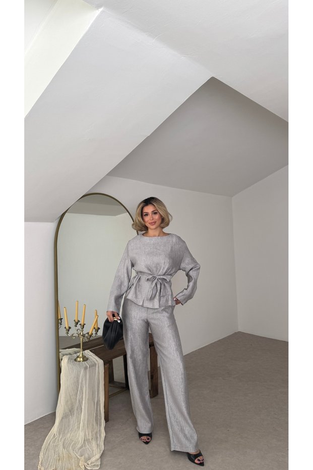 Belted Loose Sparkling Elastic Waist Trousers Suit