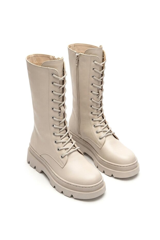 Toir premium beige lace-up winter zippered boot