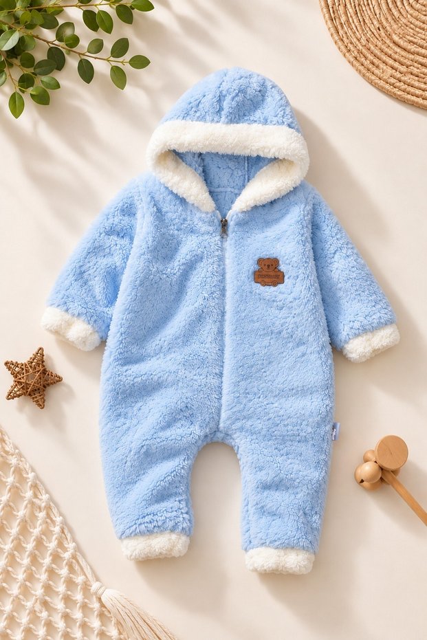 Welsoft baby romper hooded zippered plush winter thick warm unisex baby jumpsuit 6-18 months