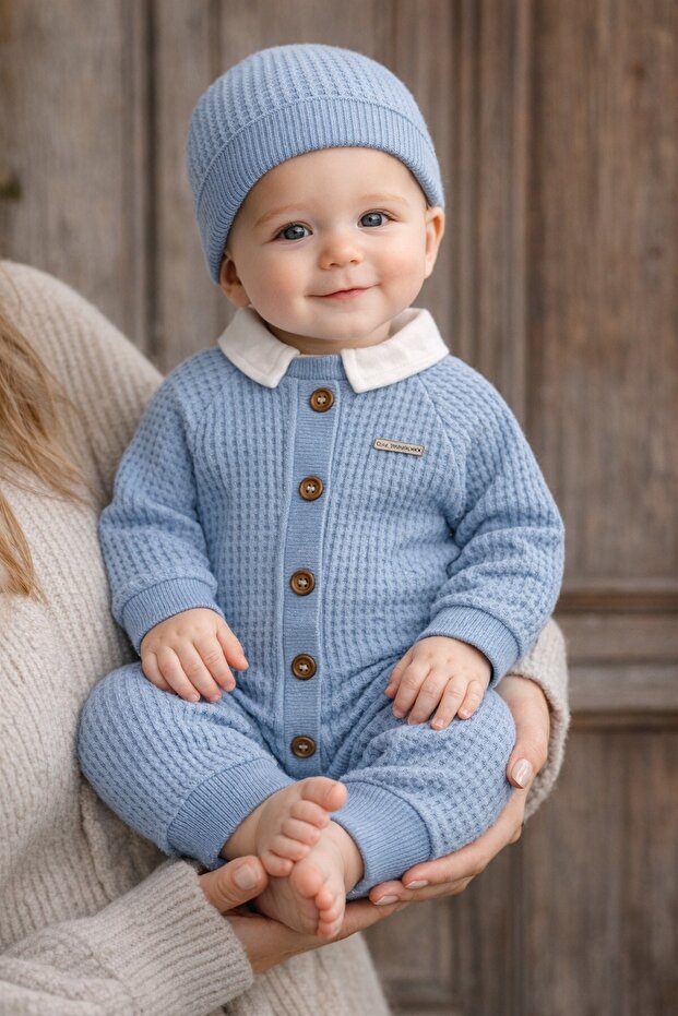 Baby boy 3-piece set waffle fabric hat+bottom snap bodysuit+jumpsuit set 0-3-6-9-12 months old