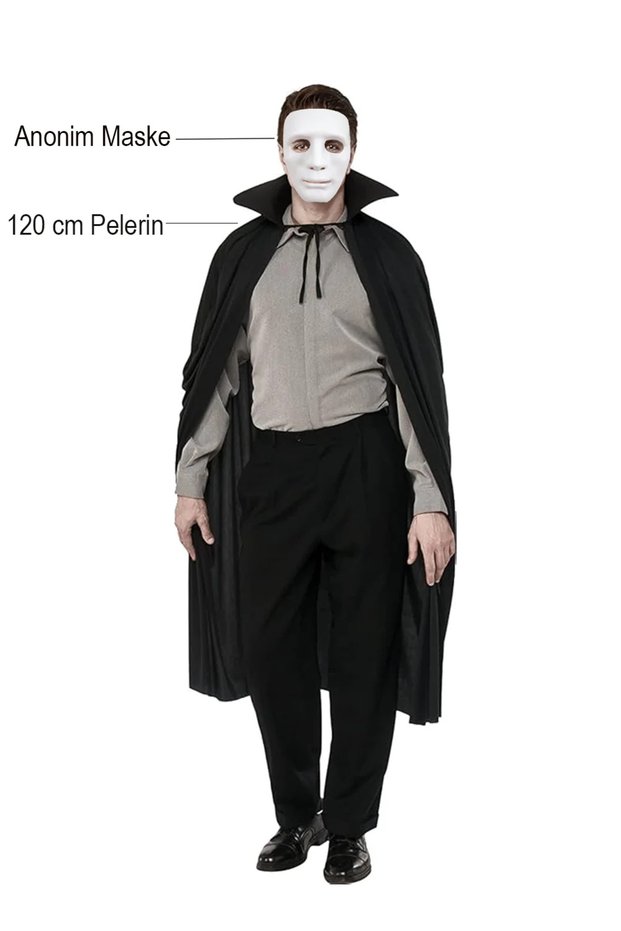 Black Color Collared 120 cm Cape and White Anonymous Mask