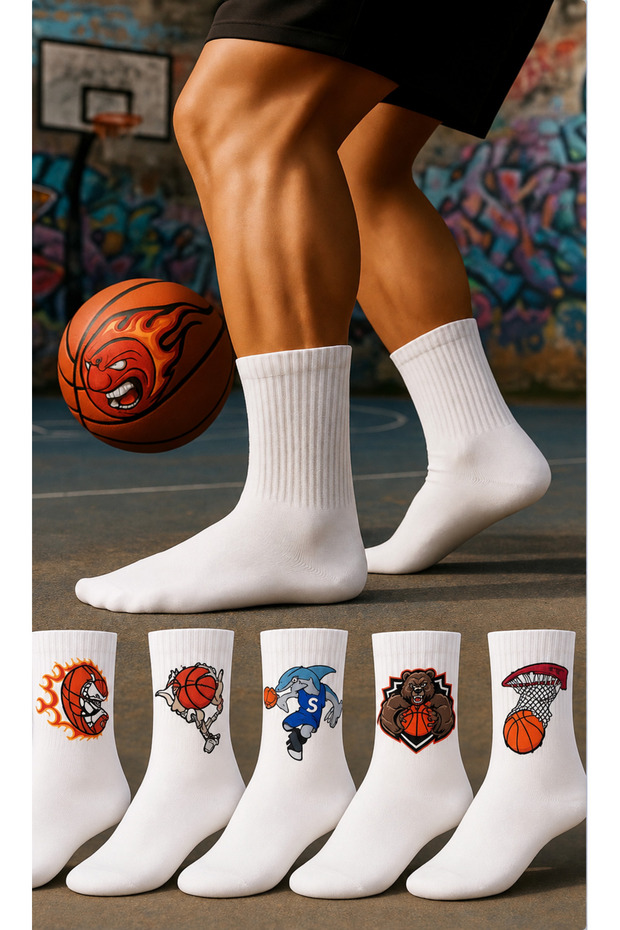 6 Pieces of Basketball Patterned College Tennis Socks
