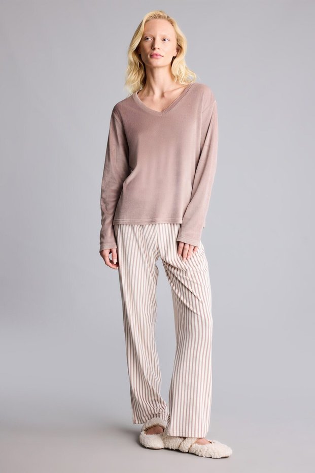 Regular Fit Long-Sleeve Velour Top and Striped Long-Bottom Pajama Set A6205AX26AU