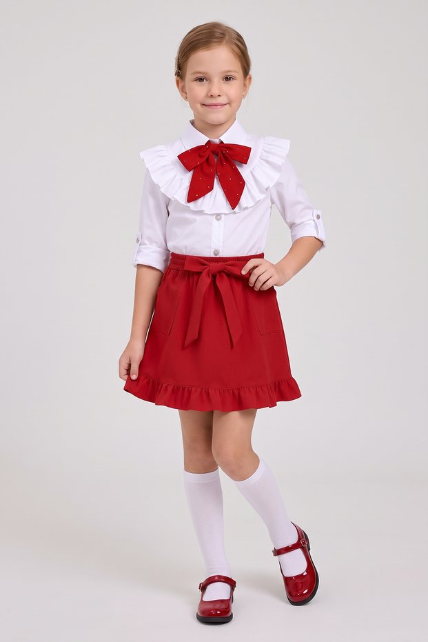 Girl's Red Scarf Polka Dot Ruffle Collar White Long Sleeve Shirt Red Bow Pocket Ruffle Skirt April 23 October 29 Show Outfit