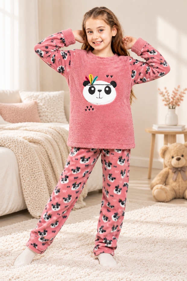 Girls' Long Sleeve Fleece Plush Fabric Winter Warm Pajama Set 8067