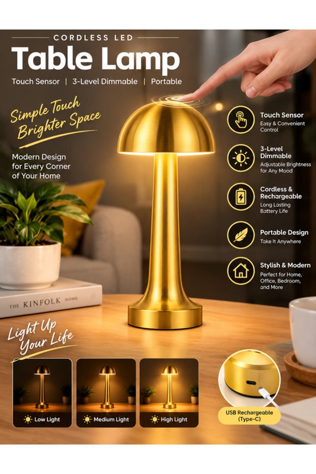 Metal Rechargeable Cordless LED Table Lamp with Touch Sensor, 3-Level Dimmable, Portable