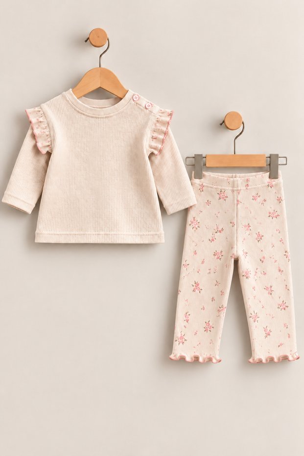 Children/Baby Top and Bottom Waffle Combed Cotton Ruffle Sleeve Floral Patterned 2-Piece Set Powder