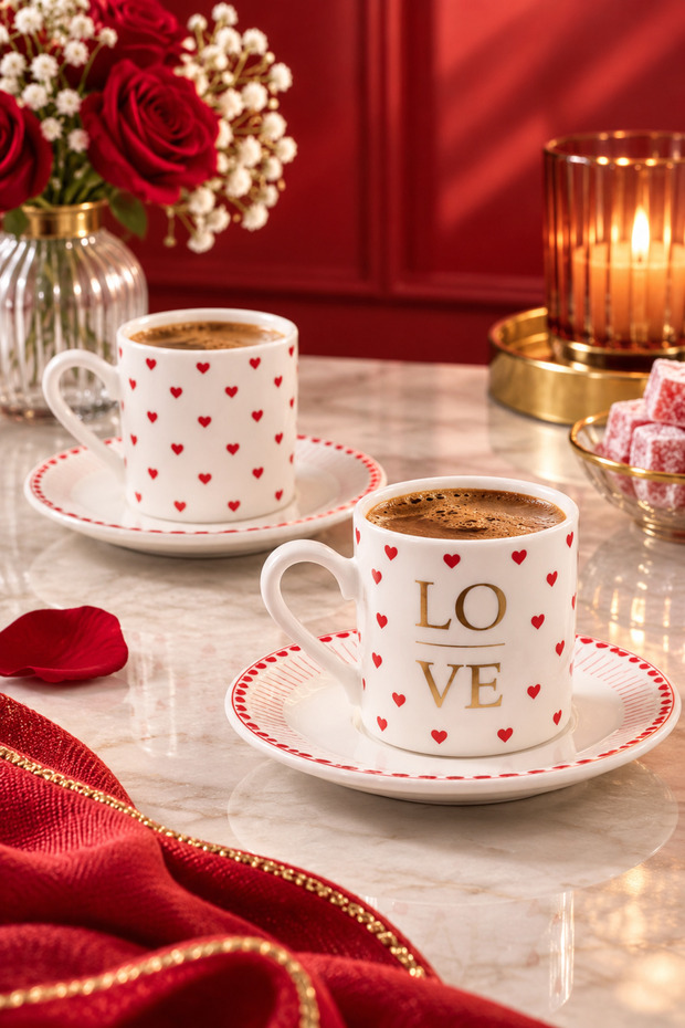 2-Person Porcelain Love Heart Coffee Cup Set with Heart 90ml