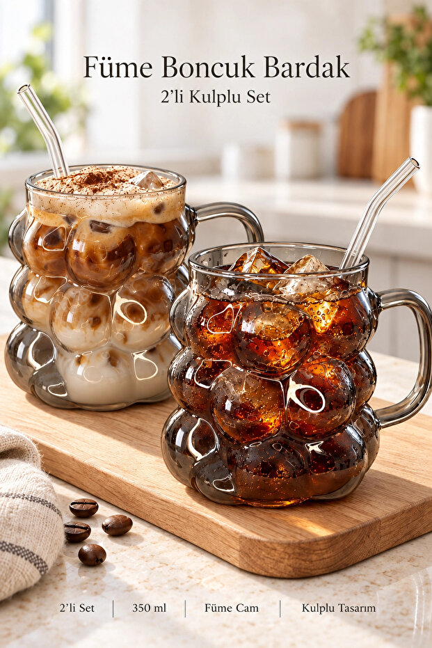 2-Piece Smoked Handle Grape Seed Bead Shaped Glass Cup 350ml Heat Resistant Coffee Presentation Cup