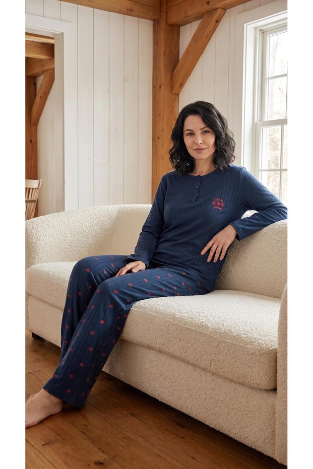 Women's Winter Plus Size Curve Embroidered Patterned Collar Buttoned Long Sleeve Pajama Set