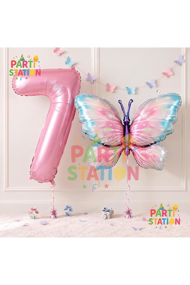 Pink Butterfly and Pink Numeral Balloon 7 Years Old Balloon Set Butterfly Concept Birthday Foil Balloon Set