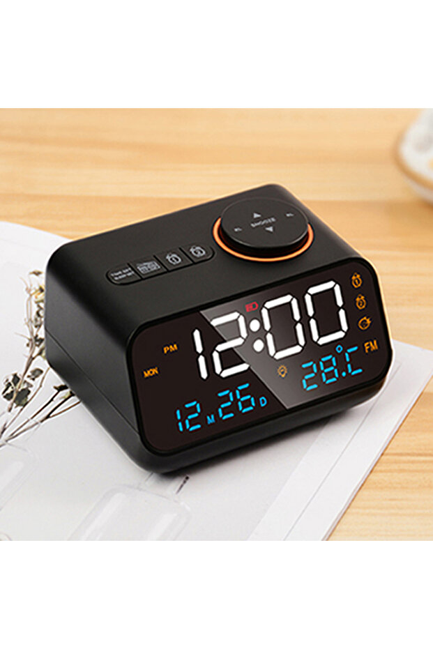 BLACK Mordern FM Radio LED Alarm Clock for Bedside Wake Up. Digital Table Calendar with Temperature