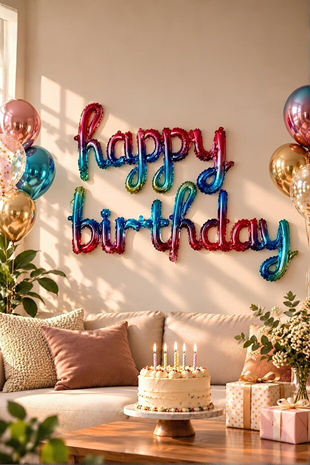 Handwritten 16 Inch Happy Birthday Rainbow Balloon Set