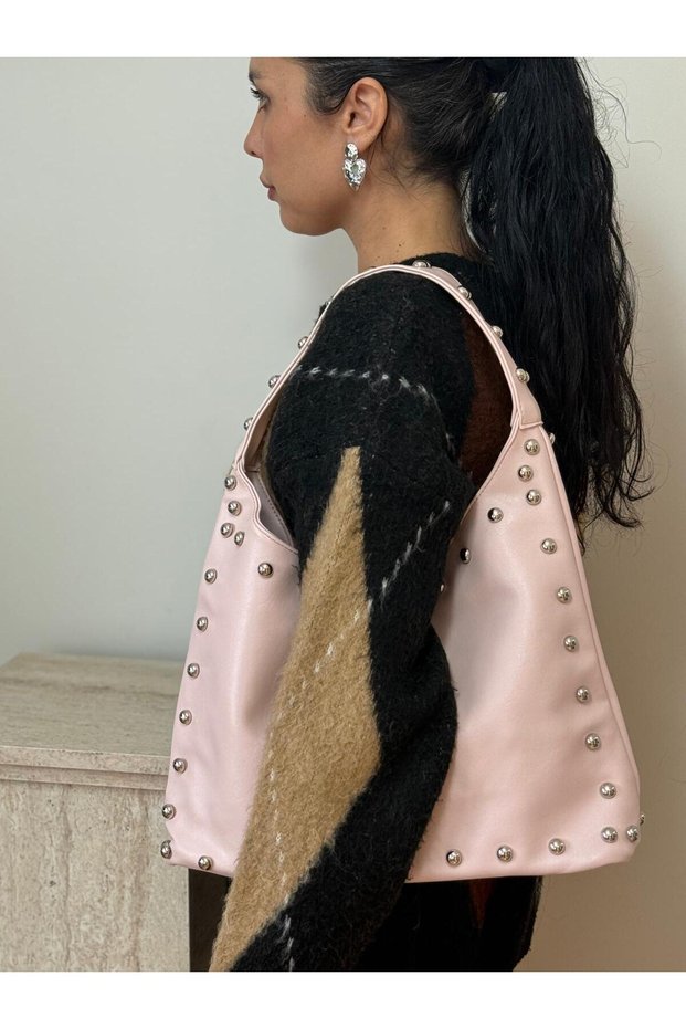 Women's Pink Lilac Model Casual Faux Leather Shoulder Bag with Staple Detail