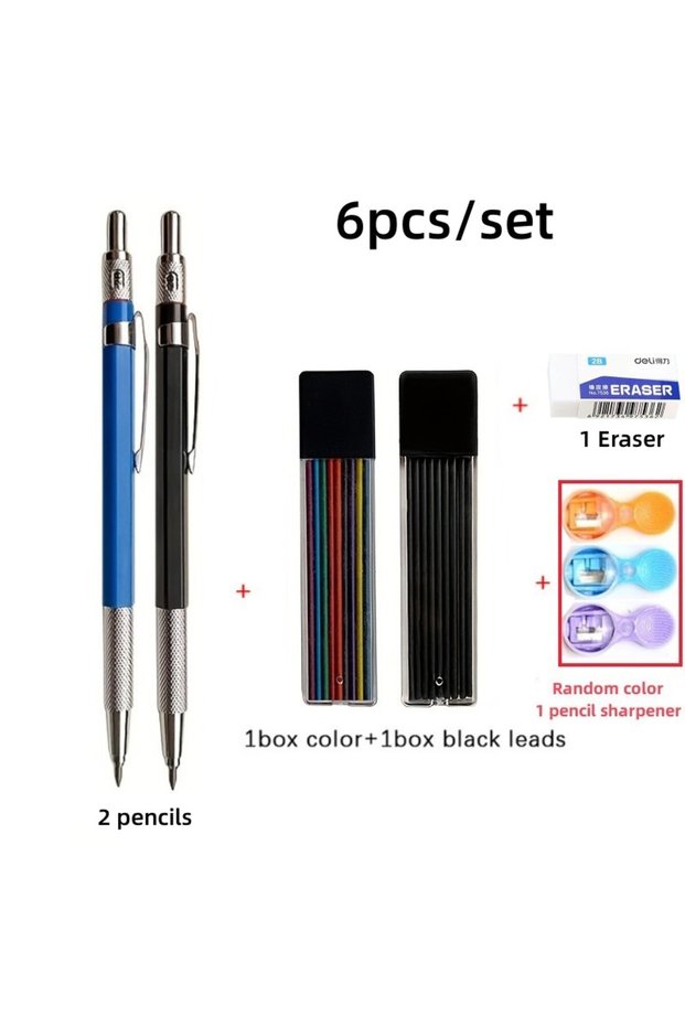6pcs mixed set 2.0mm Mechanical Pencil Set Black /Color Lead Refill 2B Automatic Pencil Art Sketch P