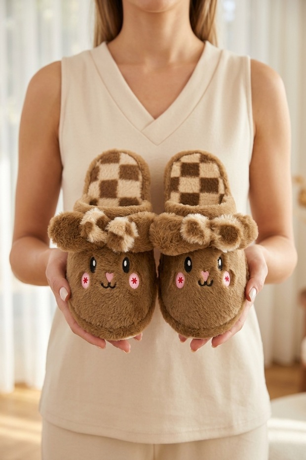 Women's Brown Shy Rabbit Detailed Plush Winter House Slippers 3 cm Byndmtftav01