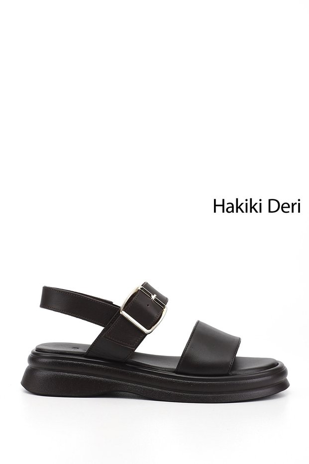 Women's Brown Antique Buckle Strap Genuine Leather Sandals