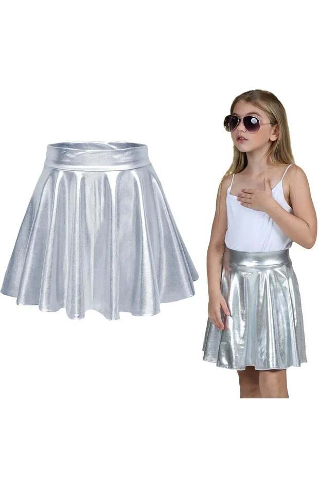 Metallic Shiny Sparkly Shorts Flared Party, Show, Event, Holiday Skirt — Silver