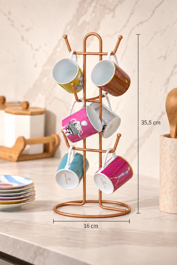 Rose 6 Compartment Cup Hanger Mug Cup Organizer Countertop Stainless Metal