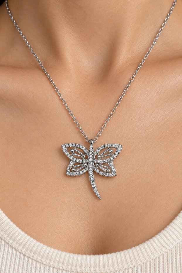 Women's Dragonfly Necklace with Steel Chain - Silver Color - (with Surprise Gift)